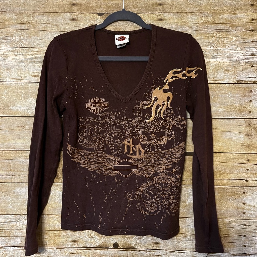 Harley Davidson (Sturgis) long sleeve embellished tops brown tshirt size S